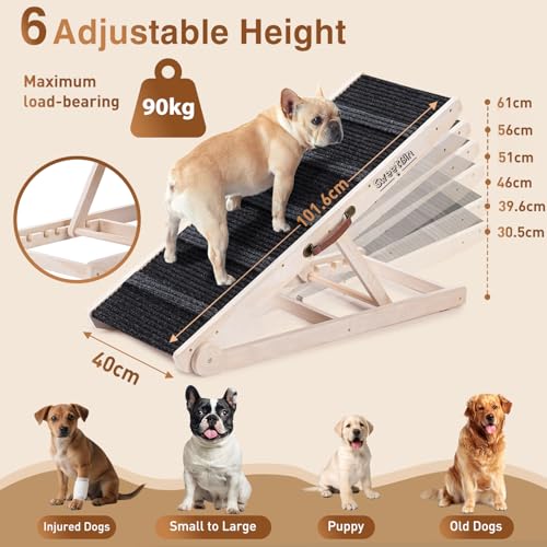 Dog Ramp for Bed - Foldable Small to Large Dog Ramp for Couch - 6 Adjustable Height from 30.5 to 61cm - Stairs with High Traction Mat - Wooden Portable Ramp for Dogs to Get on Bed Couch Car Up to 90kg