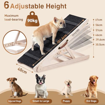 Dog Ramp for Bed - Foldable Small to Large Dog Ramp for Couch - 6 Adjustable Height from 30.5 to 61cm - Stairs with High Traction Mat - Wooden Portable Ramp for Dogs to Get on Bed Couch Car Up to 90kg
