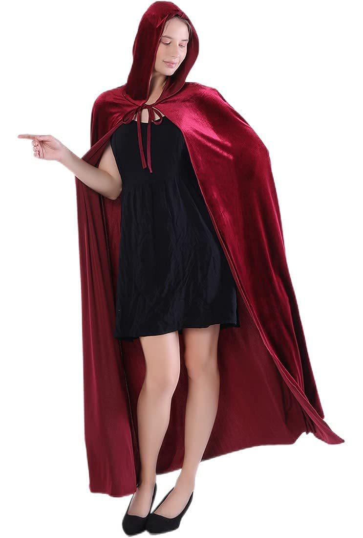 Velvet Cloak Cape Wizard Hooded Party Halloween Cosplay Costumes for Men Women 53" (Wine Red)