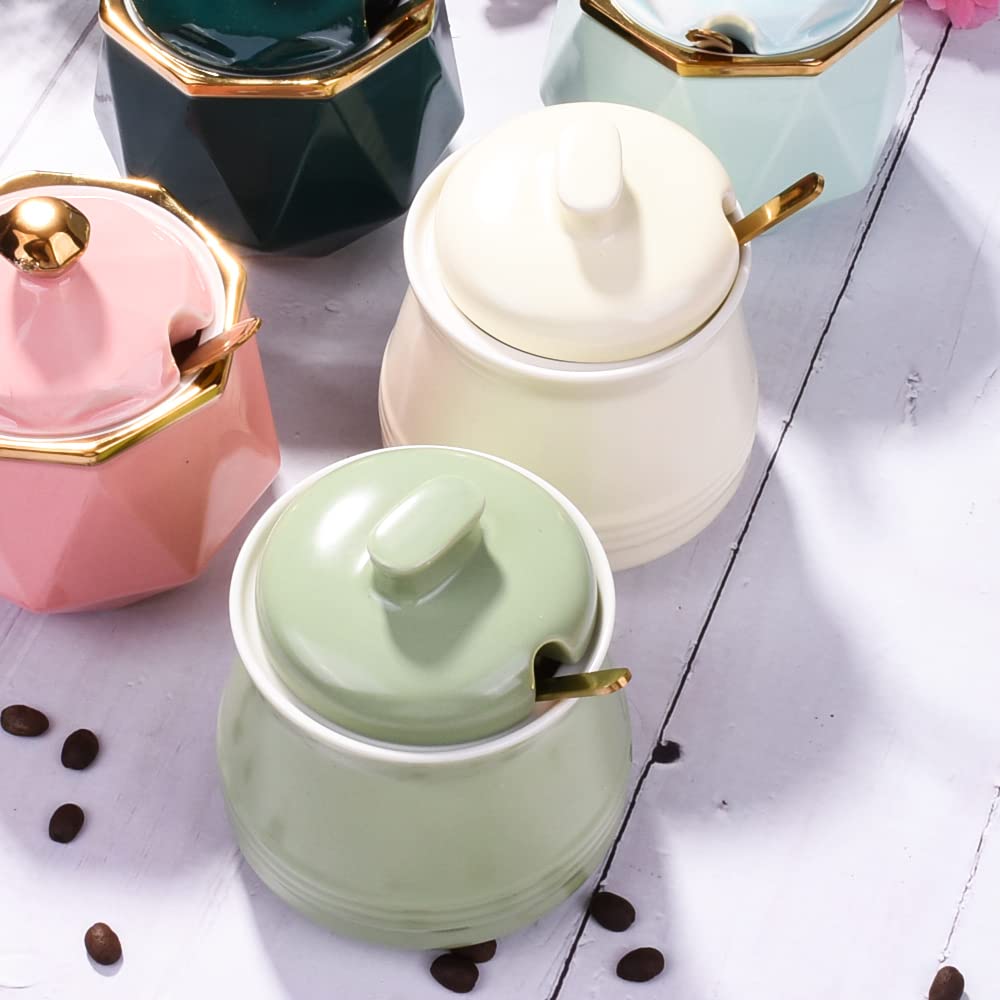 Sugar Bowl with Lid and Spoon, Ceramic Sugar Bowl,Multi-Function Sugar Container Spice Container Salt Jar Condiment Bowls Sugar Jar for Kitchen Storage Organization (Green)