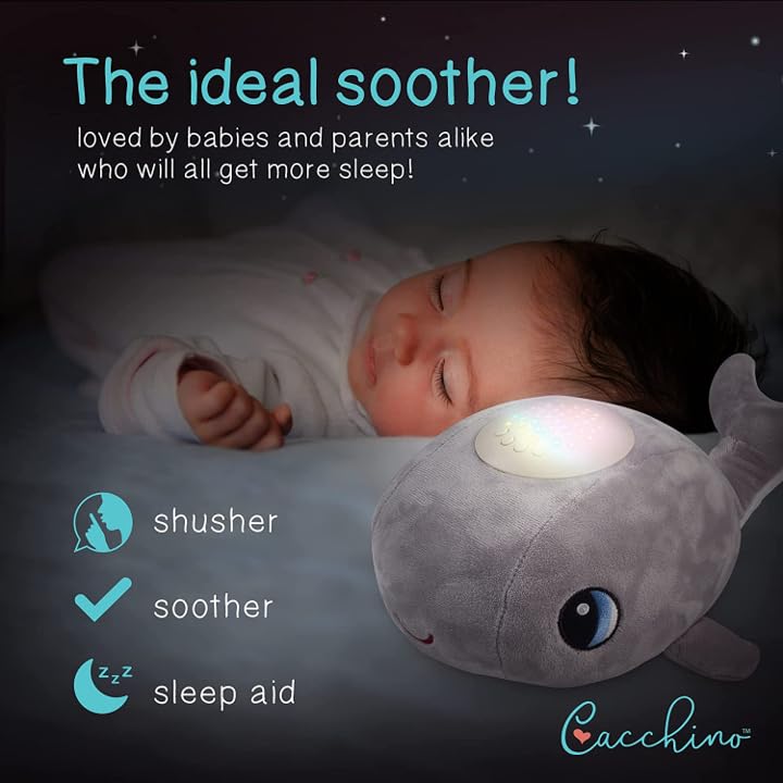Cacchino® Ben Baby Sleep Soother, Sleep Aid with Musical Night Light Star Projector with Nursery Rhymes, Heartbeat, Soothing Sounds (No Cry Sensor/White Noise). This Plush Whale is an Ideal Baby Gift.
