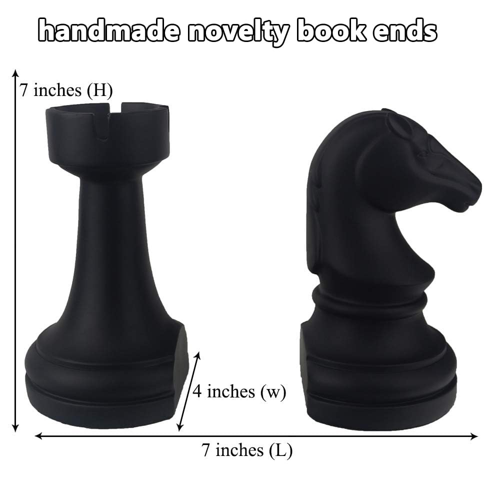 Decorative Bookends Chess Bookends, Black Book Ends Heavy Book Supports, Unique Bookends Decor for Office Home Desk Bookrack, 7"(L) x4(W) x7(H), 1Pair/2Piece