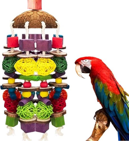 MQUPIN Large Parrot Toys 22 Inch Chewing Parrot Toy Upgraded,Parakeet Cage Bite Toys,Hanging Multicolored Natural Wooden Quaker Parrot Toys African Grey for Large Parrot (Colourful)