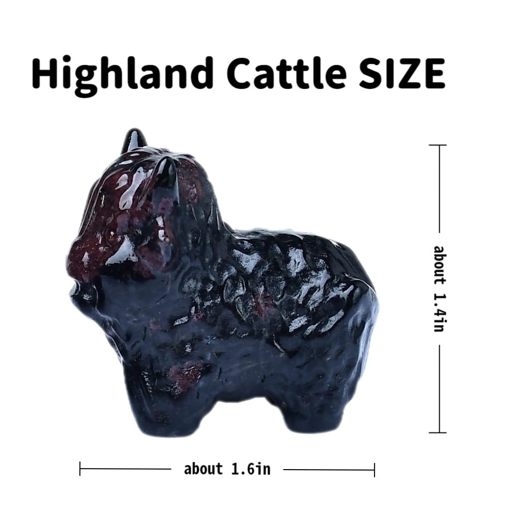 WUYOUSHI Garnet Highland Cattle Statue - 1.6" Handmade Sculpture for Healing, Reiki & Meditation - Cute Pocket Size Crystal Figurine - Office Home Decor Spiritual Gift