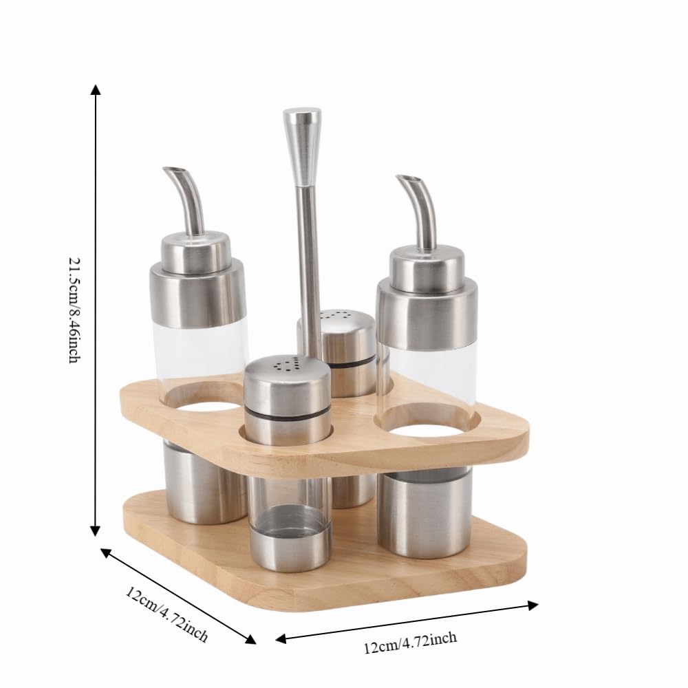 150ml Seasoning Bottle Set – Stainless Steel & Acrylic Spice Containers with Wooden Rack for Kitchen, Oil & Vinegar Dispensers, Leak-Proof Design