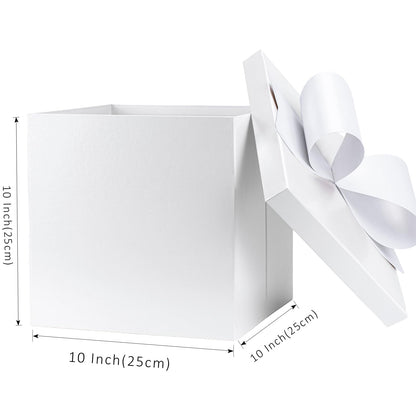 LaRibbons Large White Gift Boxes with Lid and Bow – 10x10x10 Inch Collapsible Square Box for Birthday, Wedding, Baby Shower, Christmas, Party Gifts, All Occasion