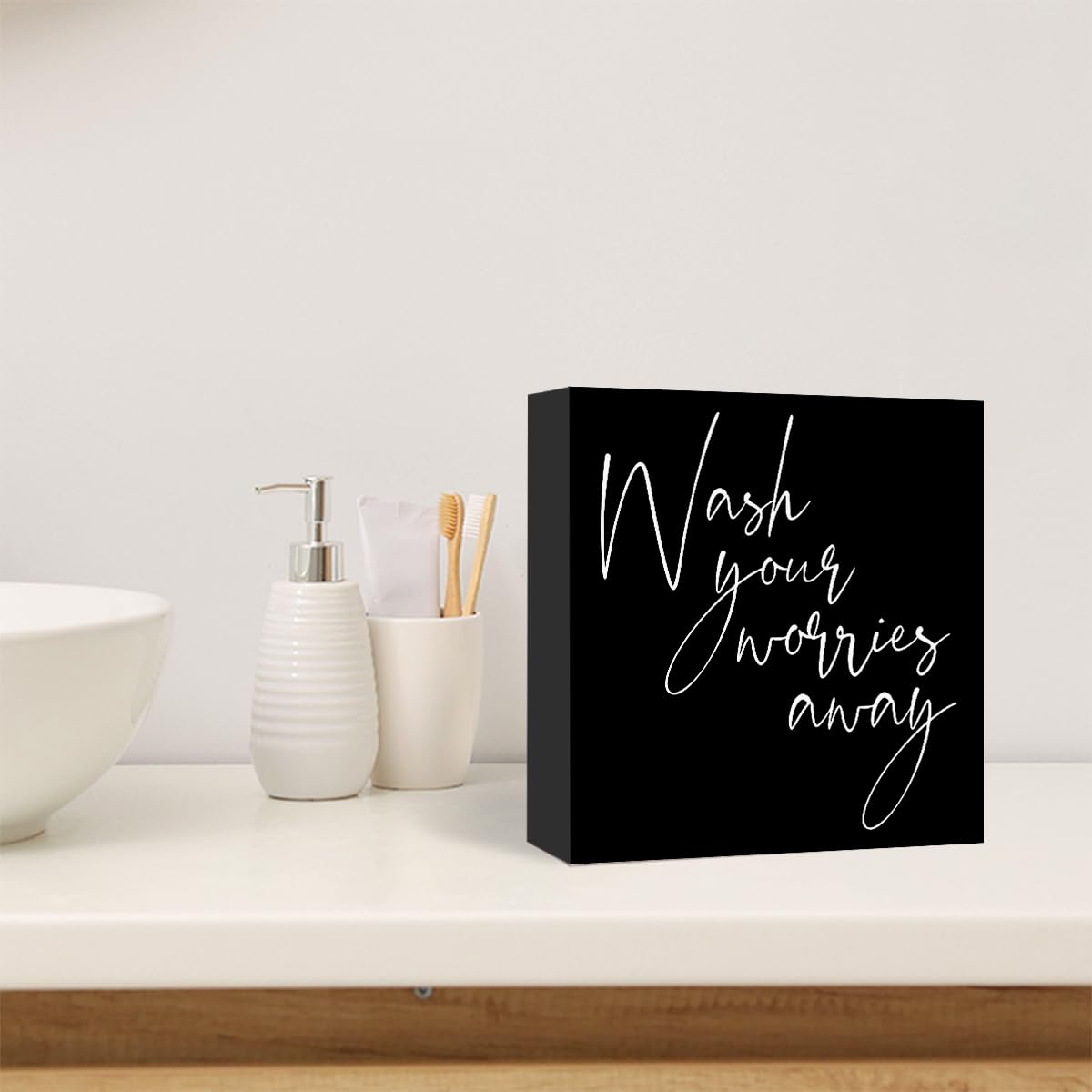 SJNH Wash Your Worries Away Sign Wood Block,Funny Black Bathroom Wooden Box Sign for Bathroom Shelf Washroom Toilet Restroom Shelves Decor 5" L x 5" W x 1.1" H