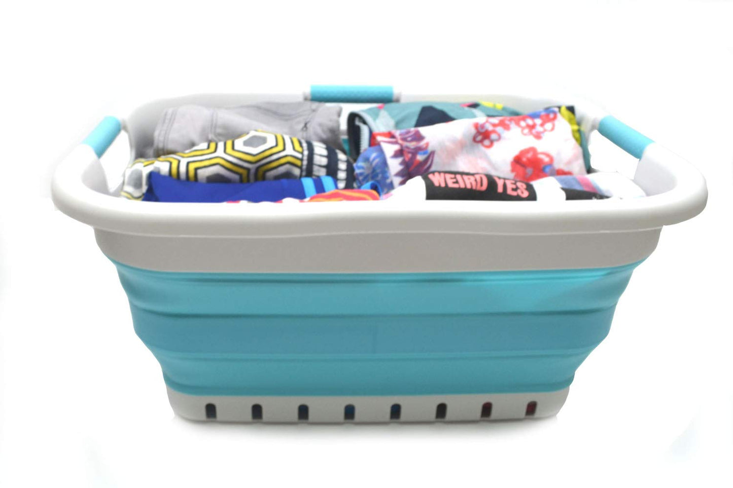 SAMMART 41L (10.8 gallon) Collapsible Plastic Laundry Basket - Foldable Pop Up Storage Container/Organizer - Portable Washing Tub - Space Saving Hamper/Basket (3 handled rectangular, Grey/Bright Blue)
