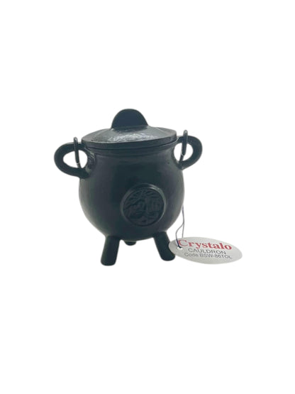 Crystalo - Cast Iron Cauldron with Lid (Tree of Life, 2.5"D 4.25"H)