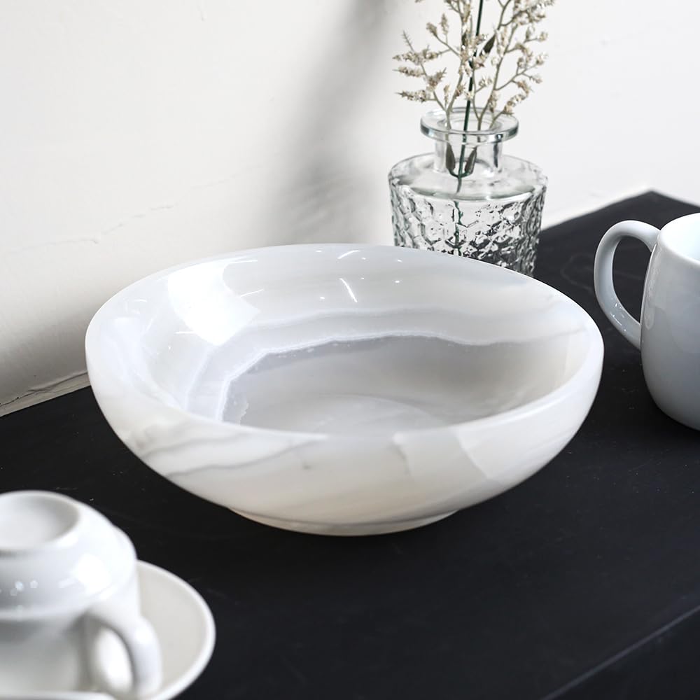 FutureStone Luxury Decorative Marble Bowl for Home Decoration, White Onyx Key Bowl for Entryway Table, Catchall for Coins, Change, Candy, Organizer Marble Tray