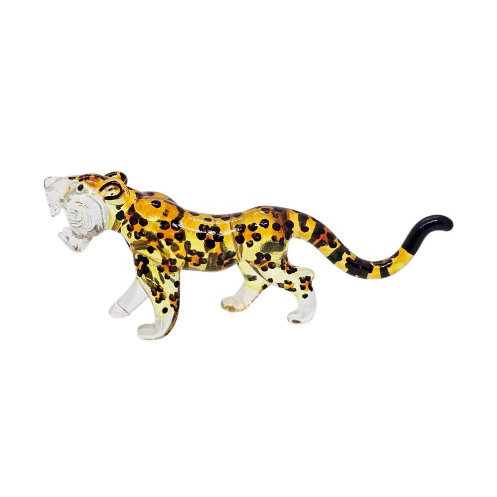 ChangThai Design Tiny 3½" Yellow Black Spotted Roaring Leopard Cheetah Jaguar Figurine - Miniature Hand Blown Glass Wild Cats Wildlife Felidae Animal Crystal Decorative Collectible Figures Décor Gifts