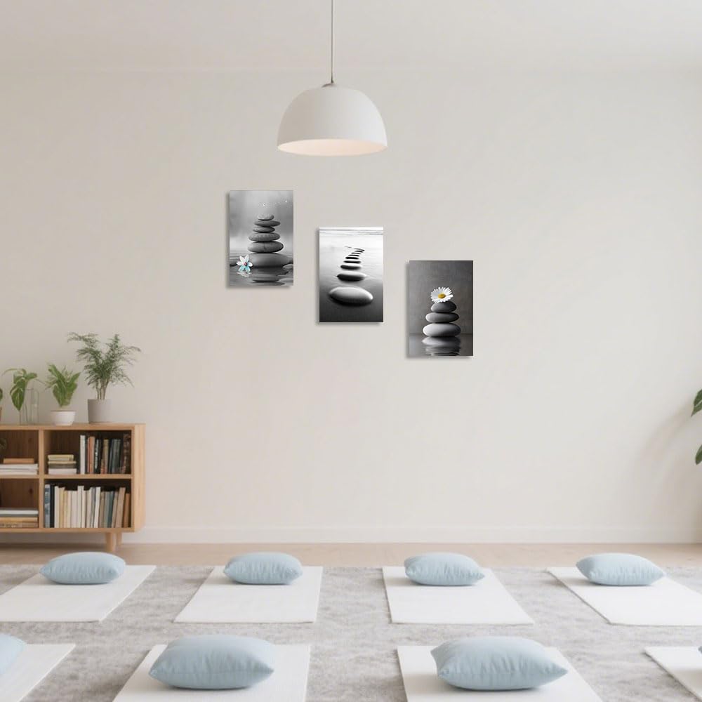 CCWORKERRY 3PCS Zen Stones Canvas Wall Art Black and White Zen Stone Painting Calming Meditation Wall Decor for Yoga Studio Office Spa Bathroom (gray,11W x14L x3)