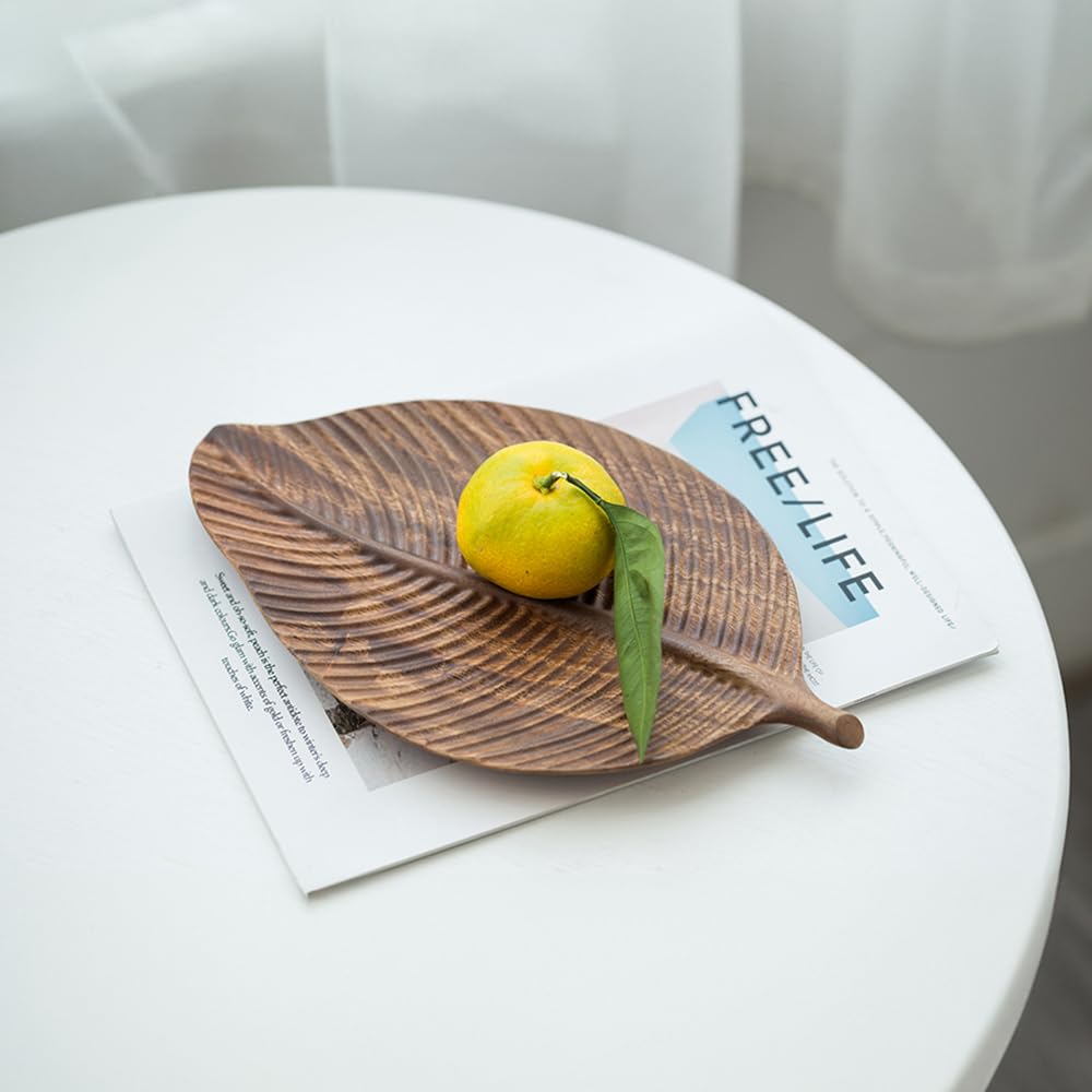 MIGAKU HOME Acacia Wood Leaf Design Serving Tray - Decorative Wooden Platter for Charcuterie, Cheese, Fruit, Kitchen Table Decor