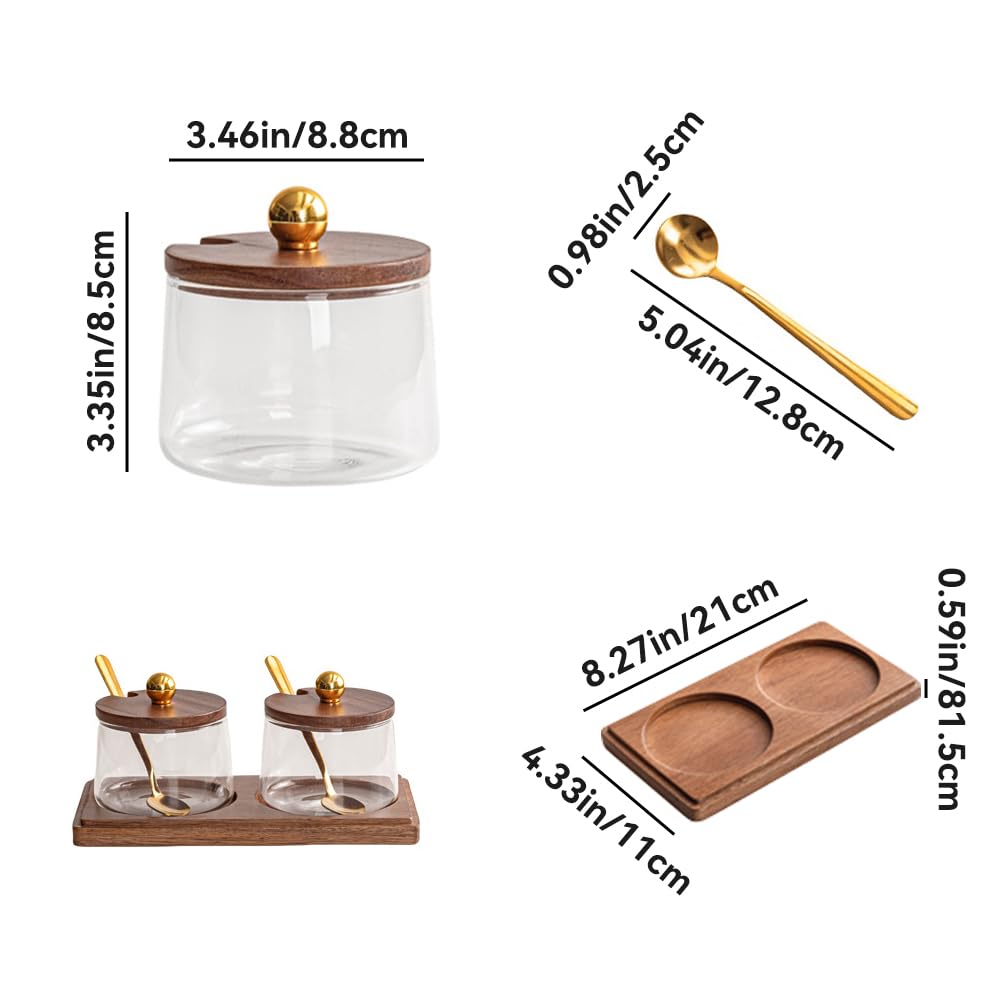 ANQIA Condiment Containers Set with Acacia Wood Lids and Tray Seasoning Box Condiment Pots Jars with Spoons for Spice Salt Sugar Cruet (Gold Top, 2 Jars with Tray)