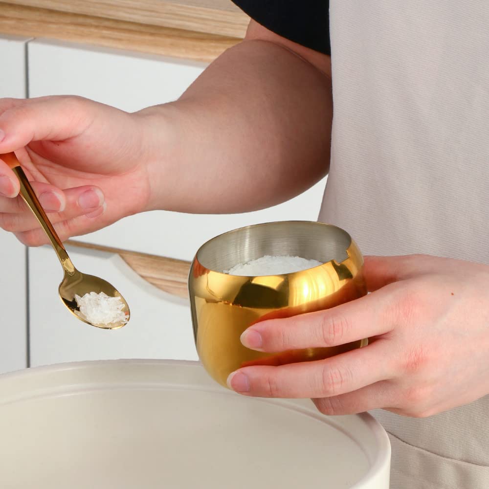 Color ME! Stainless Steel Condiment Pots Color Me Kitchen Condiment Jars with Lids and Spoons Shatterproof Metal Seasoning Jars for Home and Restaurant, Large Capacity, (11.84 Oz), Gold
