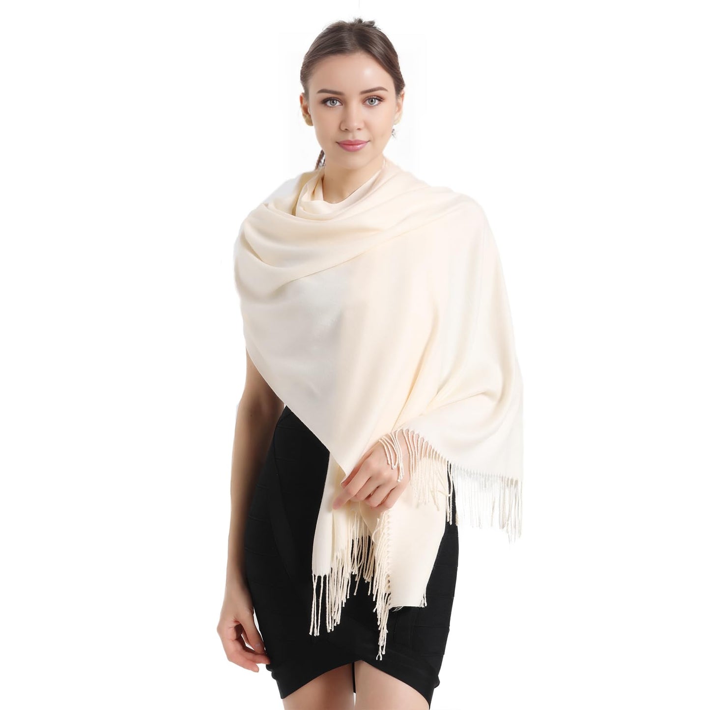 vimate Cream Pashmina Scarf, Women Pashmina Shawls and Wraps with Thickness for Bridal Bridesmaid (UK-Off White)