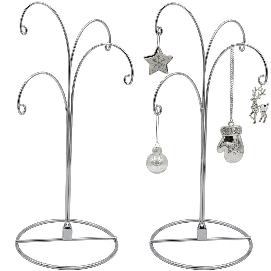 HOHIYA Ornament Display Stand 12 Inch 2 Pack 4-Arm Metal Ornament Holder for Christmas Decorations Crystal Ball Hanging Ornaments Jewelry Display Stand Chrome Silver