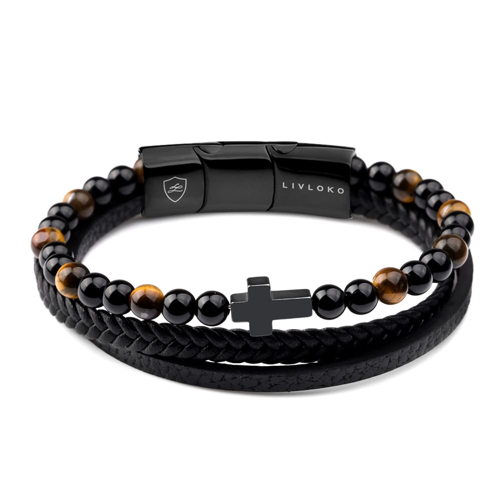 LIVLOKO Mens Bracelet Leather Black Multi-Layer Tiger-Eye Beaded Bracelet for Men Magnetic Clasp Rope Wristband Mens Gift for Boyfriend