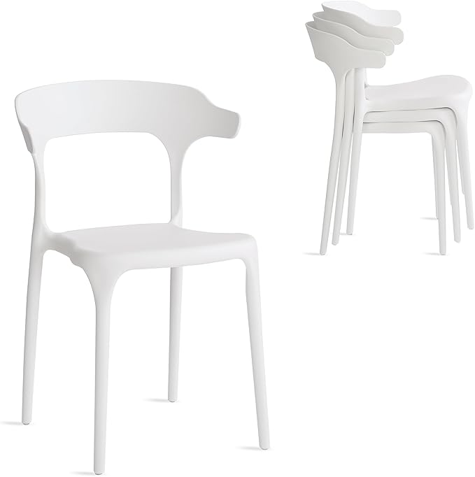 Modern Stackable Dining Chair Set, No Assembly, Plastic Chair, Patio Chair, Suitable for Indoor and Outdoor Cafes and Restaurants, Set of 4 (Cloud White)