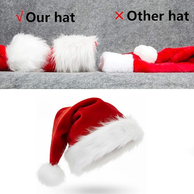 COOLJOY 4 Pack Plush Santa Hats, Christmas Santa Hats for Christmas Party, Adult size Xmas Holiday Hat for Unisex Kids Party Supplies