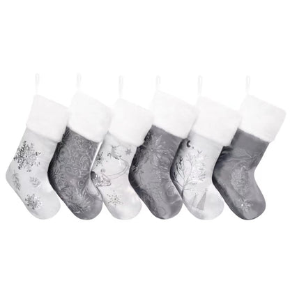 GEX Christmas Stockings 6 Pack for Family 20" Large Silver Gray Satin with Sequins Faux Fur Rhinestones Embroidered Classic Luxury Fireplace Tree Decorations Ornament for Xmas Season (Set of 6)