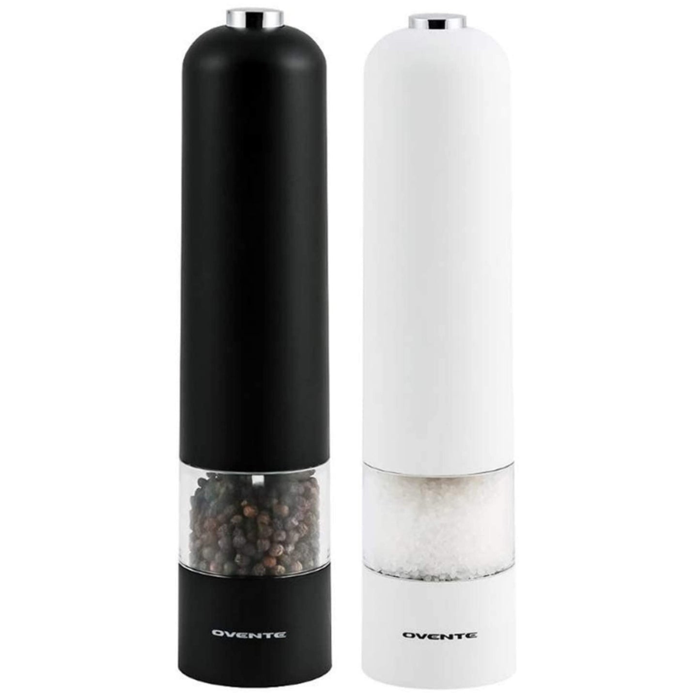 OVENTE Set of 2 Electric Salt & Pepper Mill Grinder, Battery Powered Stainless Steel Blades Automatic One Handed Operation with light and Adjustable Coarseness, Black and White SPD102BW