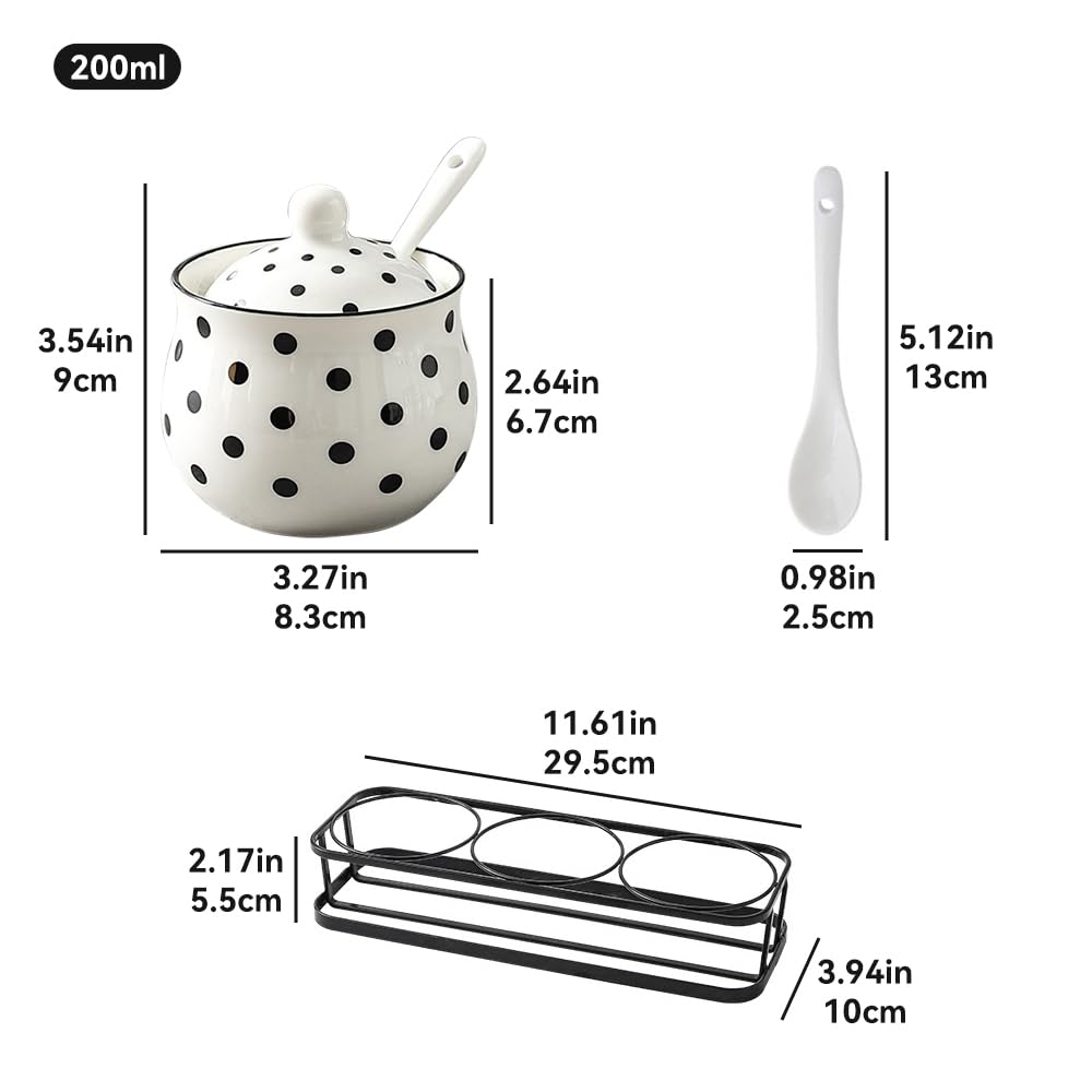 Ceramic Spice Jars Porcelain Condiment Jars Set with Spoon and Lid Condiment Pots for Salt, Sugar, Pepper Seasonings Set of 3 (Black Wall Mounted Rack)
