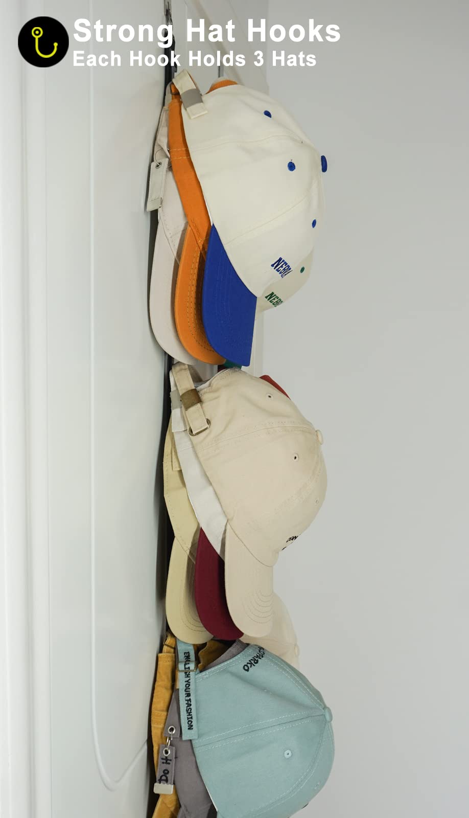 ETOWIFA Hat Rack for Baseball Caps and Organizer Holder [ up to 36 Caps ] Display over the Door or on the Wall Hat Hanger with 2 Straps and 12 Adjustable Hooks, Black [ Upgraded Strong Hooks ]