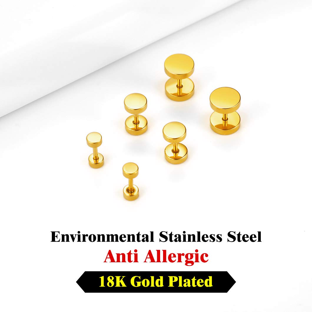 18K Gold Plated Round Stud Earrings for Men Women Cartilage Ear Piercing Plugs Tunnel Fashion Jewelry