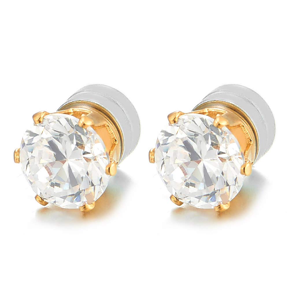 COOLSTEELANDBEYOND Unisex Magnetic Cubic Zirconia Stud Earrings, 8mm Brilliant Round Gold-Tone Non-Piercing CZ Studs, 1 Pair