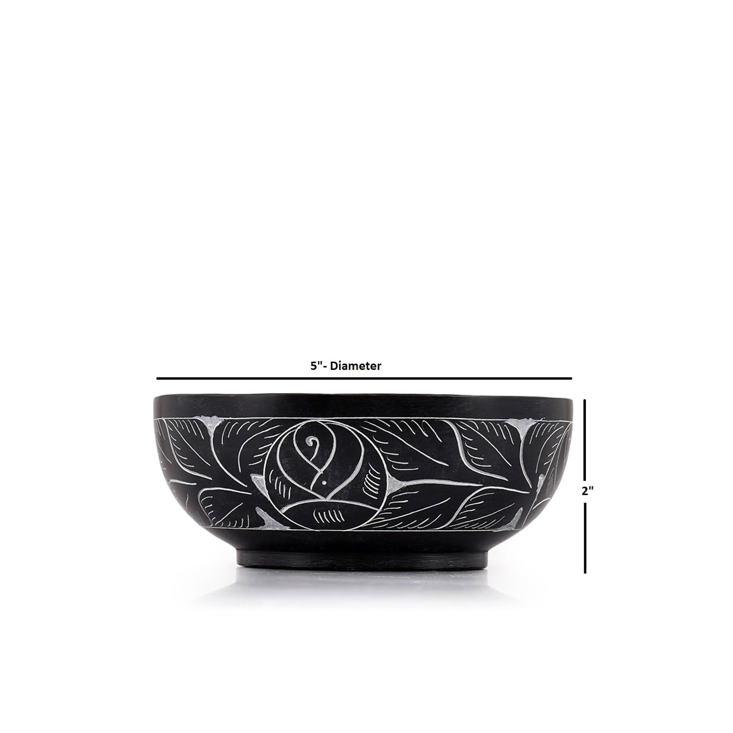 Kaizen Casa Hand Carved Natural Stone Smudge Bowl, White Leaf Design | Size 5' x 2' Black Ritual Bowl Display Jewelry Dish Kitchen Table Decor Gift