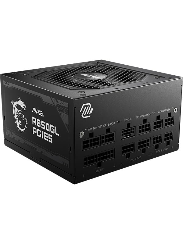 MSI MAG A850GL PCIE5 Power Supply Unit, 850W, 80 Plus Gold, Fully Modular, ATX 3.0, PCIe 5.0 GPU Support, Black Flat Cables, 7 Year Warranty