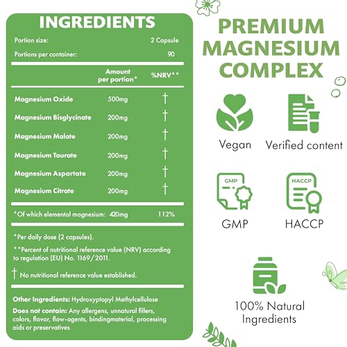 Magnesium 6-1 Complex 1500 mg Daily | 400 mg Elemental Magnesium | Oxide, Bisglycinate, Malate, Taurate, Citrate & Aspartate | 180 Vegan Capsules | High Strength & Bioavailable
