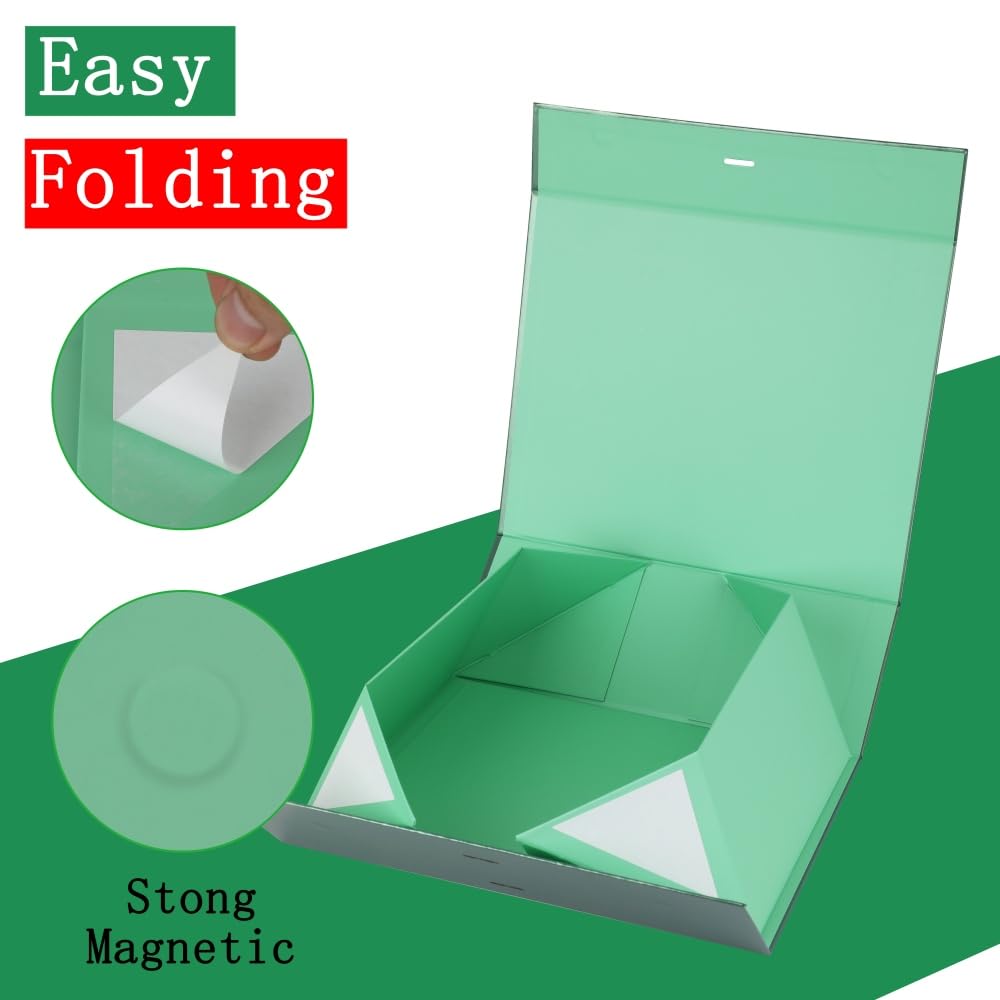 BoxSkivra Green Large Gift Box with Ribbon 1 Pack 13X11X5.3 Inch Large Gift Box with Lid Magnetic Closure Rectangle Collapsible Luxury Gift Boxes for Presents Crinkle Cut Paper Shred with Card