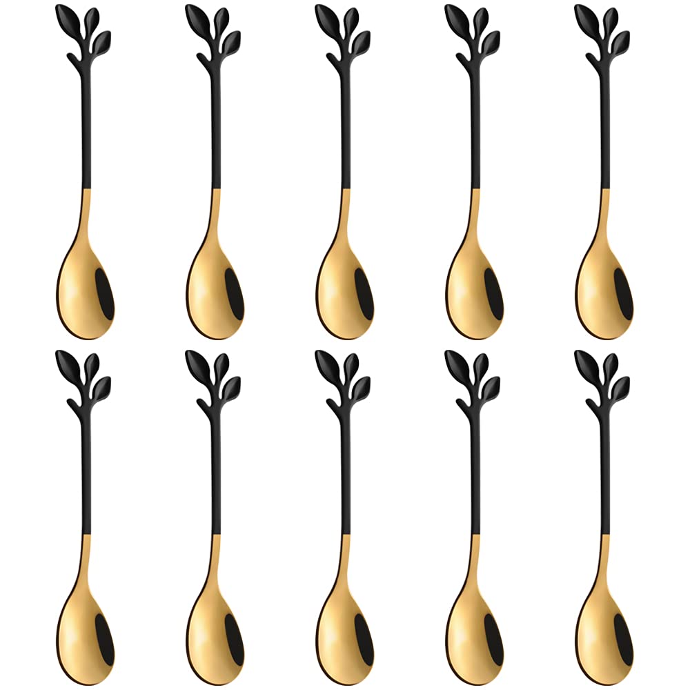 AnSaw Elegant Black & Gold Leaf Coffee Spoons - 10-Piece, 4.7" Mini Spoon