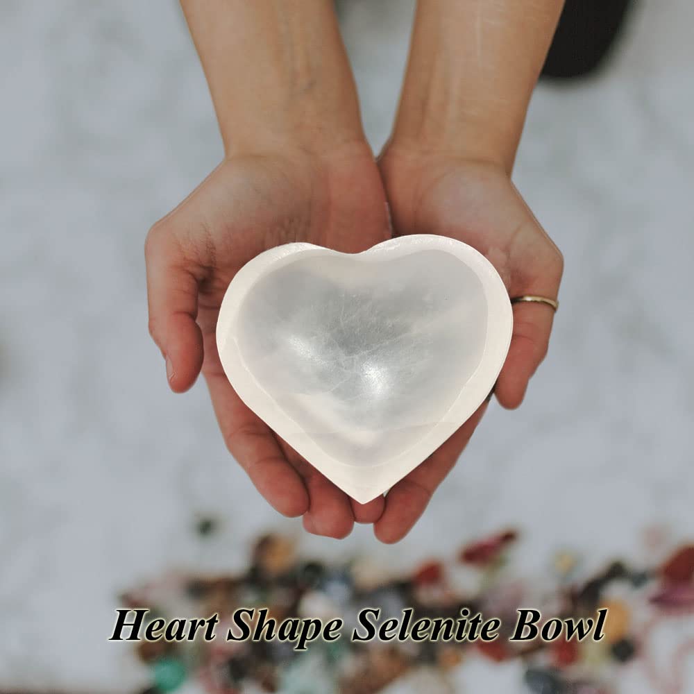 MOGEMT 4 Inch Selenite Bowl Hand-Carved Heart Shape Selenite Crystals Holder for Cleansing, Charging, Smudging, Healing, Decoration or Gift