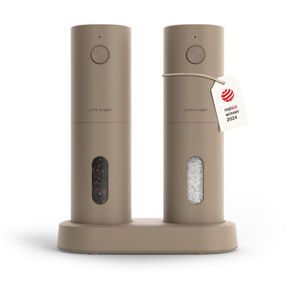 LARS NYSØM Electric Salt and Pepper Grinder Set, USB Rechargeable, Automatic Salt and Pepper Mills, Spice Shakers Refillable with LED Light, Adjustable Coarseness, Ceramic Grinder (Taupe Brown)