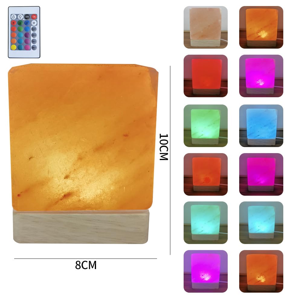 YZYOE USB Colour Gradient Himalayan Salt lamp, Solid Wood Base Atmosphere Decoration Square Salt lamp with Remote Control, Natural Crystal Stone Bedside Night Light, Handmade Crafts.