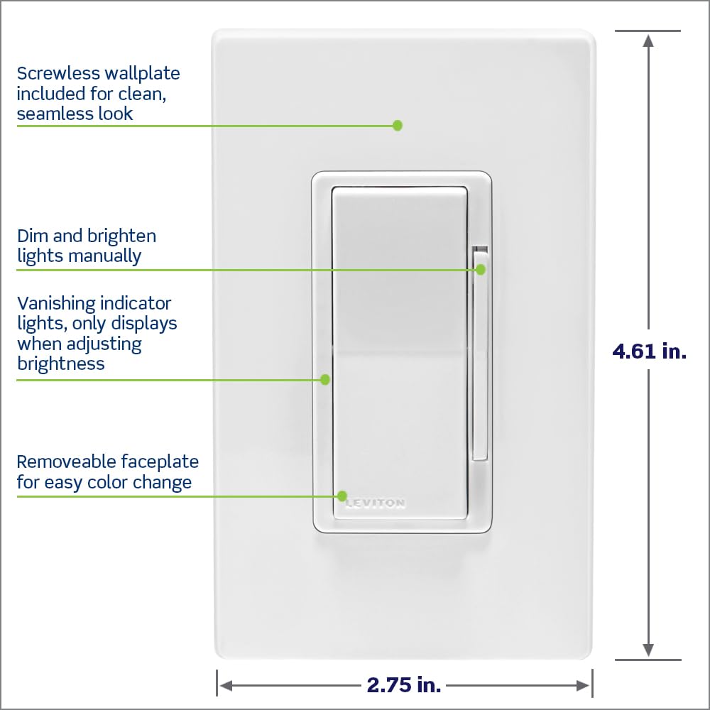 Leviton Decora Smart Switch, Wi-Fi 2nd Gen, Neutral Wire Required, Works with Matter, My Leviton, Alexa, Google Assistant, Apple Home/Siri & Wired or Wire-Free 3-Way, D215S-1RW, White