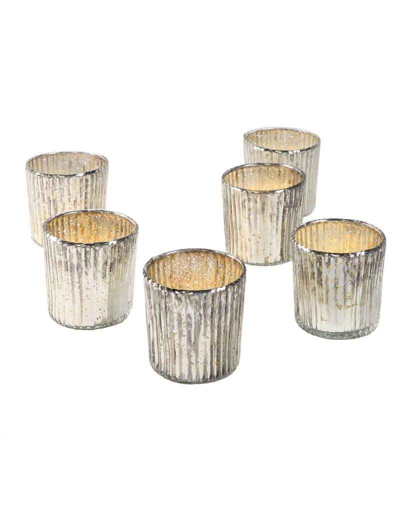 Serene Spaces Living Small Silver Ribbed Votive Candle Holders, Mercury Glass Finish, Ideal for Weddings, Events, 2.5" Tall & 2.5" Diameter, Pack of 6