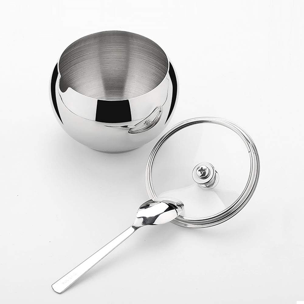 KEMIYIXIAN Stainless Steel Sugar Bowl with Lid and Spoon, Polished Shiny Condiment Pots for Serving Sugar Pepper Salt Spice- 330ml/ 11.6 Oz