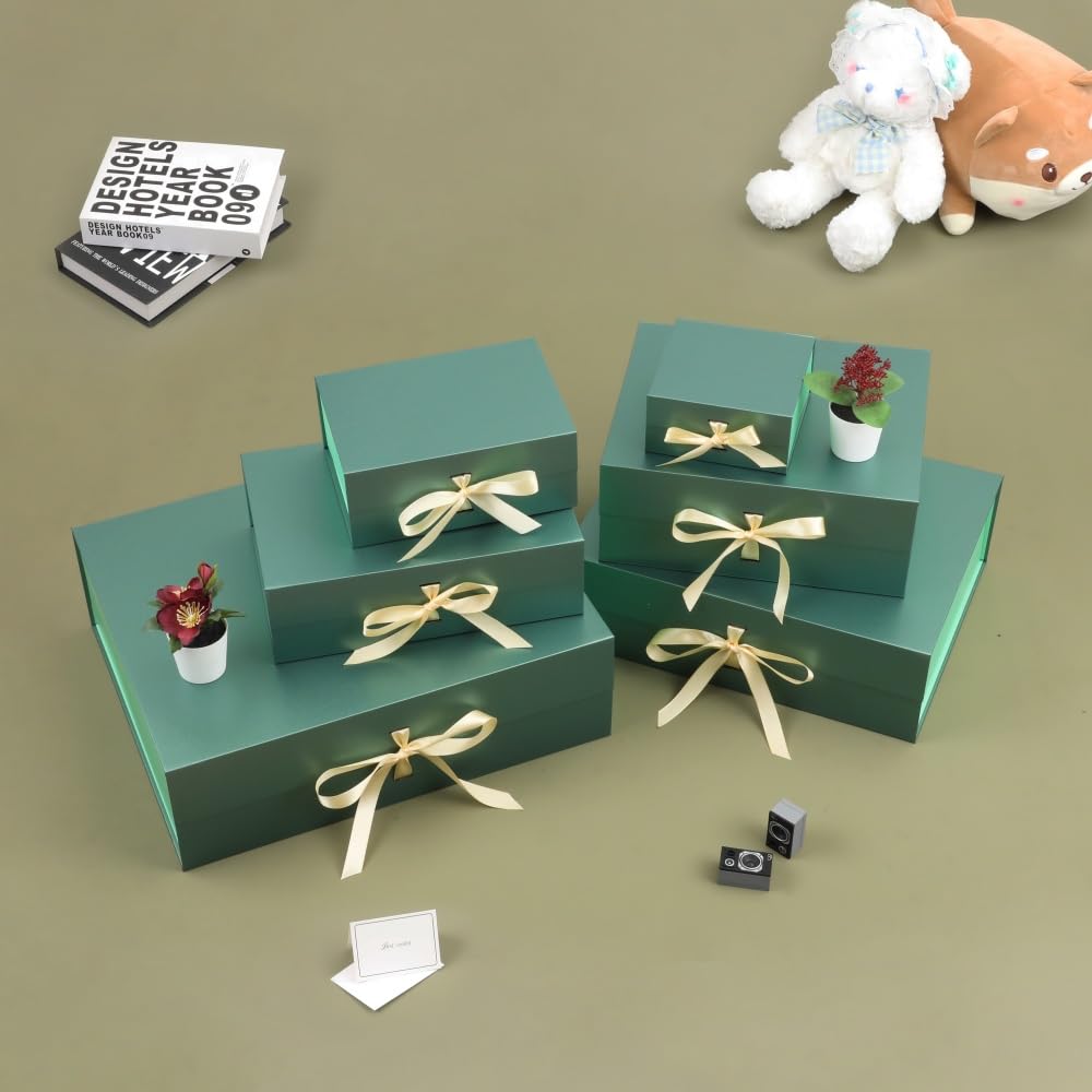 BoxSkivra Green Large Gift Box with Ribbon 1 Pack 13X11X5.3 Inch Large Gift Box with Lid Magnetic Closure Rectangle Collapsible Luxury Gift Boxes for Presents Crinkle Cut Paper Shred with Card