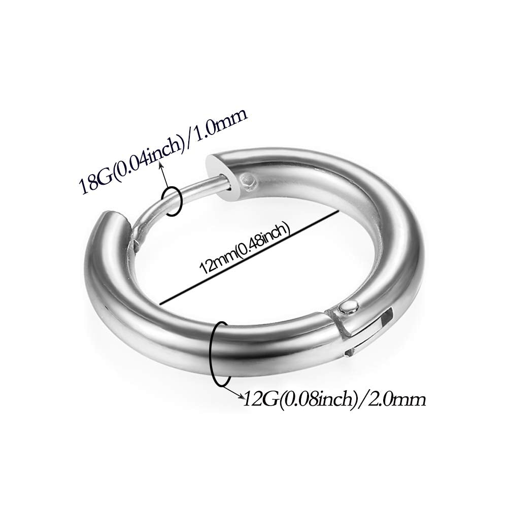 316L Surgical Stainless Steel Huggie Hoop Earrings 12mm Silver Hypoallergenic Earrings Hoop Cartilage Helix Lobes Hinged Sleeper Earrings For Men Women(E02:12mm Silver(THK 2.0mm))