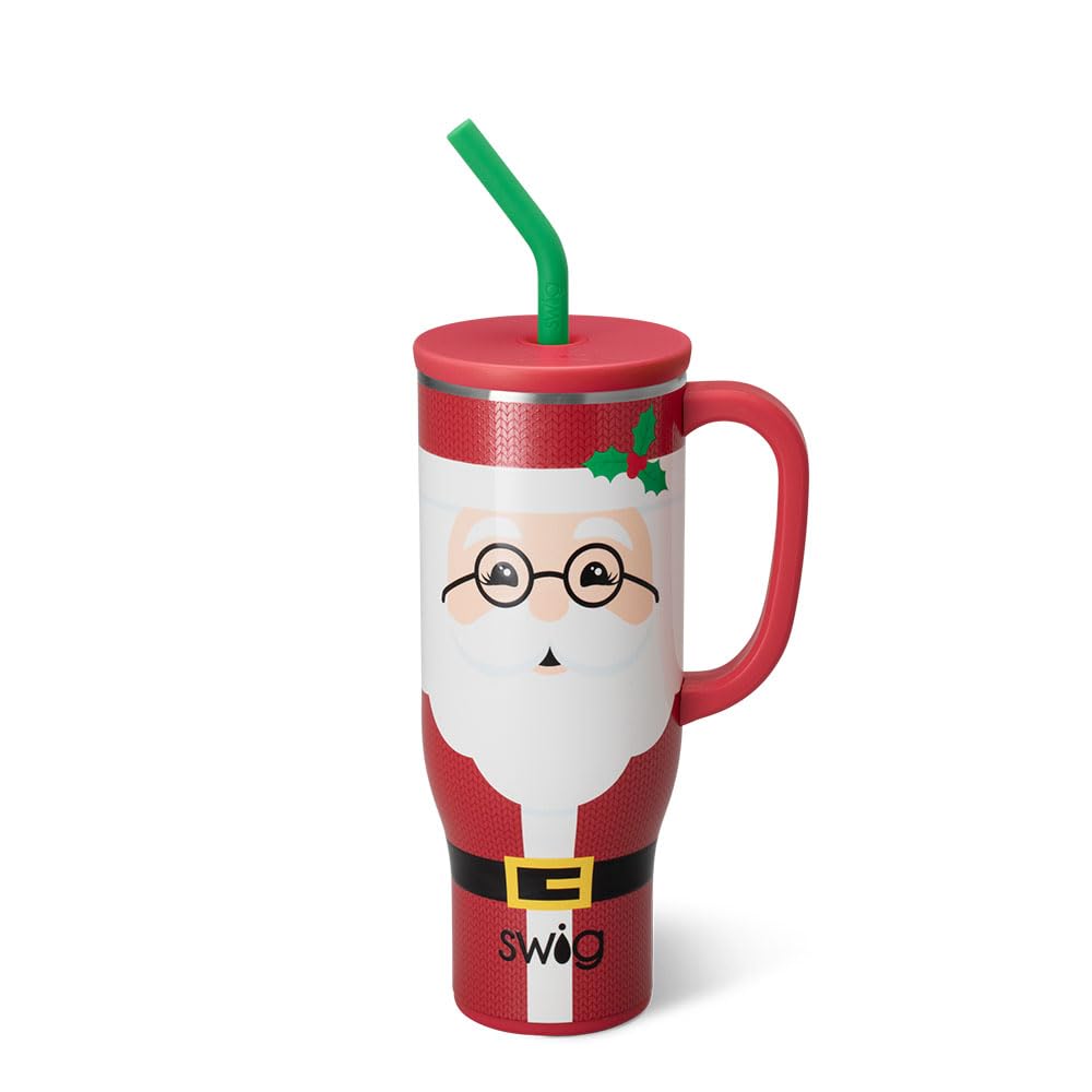 Swig Life 30oz Mega Mug, 30oz Tumbler with Handle and Straw, Large Insulated Tumblers, Cup Holder Friendly Travel Mug, Stainless Steel 30 oz Tumbler, Reusable Insulated Water Bottle (Mr Claus)
