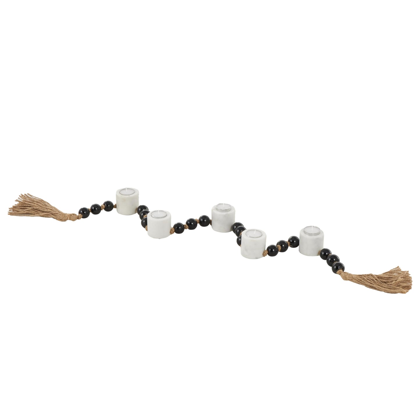 Deco 79 Marble Decorative Candle Holder Garland Candle Stand with Brown Tassel and Black Beads, Candlestick Holder 52" x 2" x 2", White