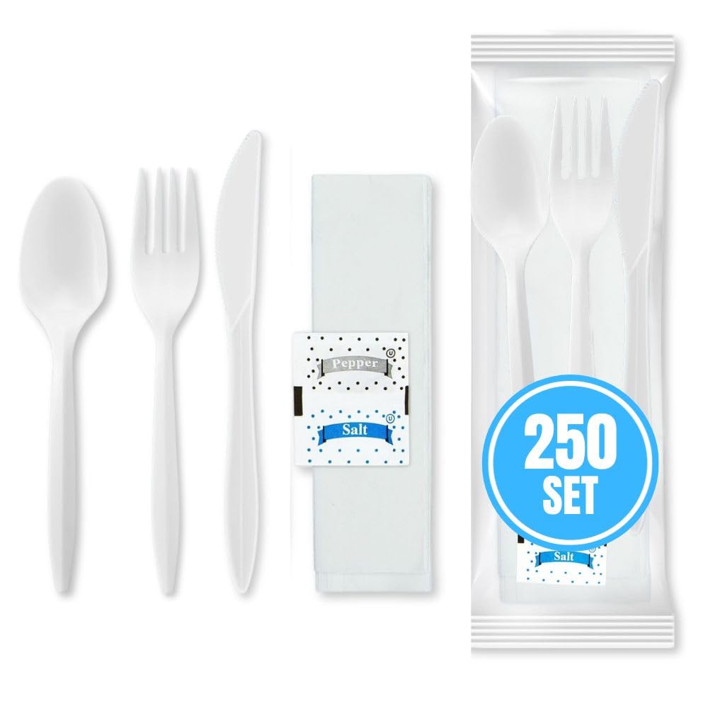 250 Pack Individually Wrapped Cutlery Set, Dispobasble Utensils Sets, White - Includes Disposable Cutlery Forks/Spoon/Knife/Napkin/Salt & Pepper - 250 Sets