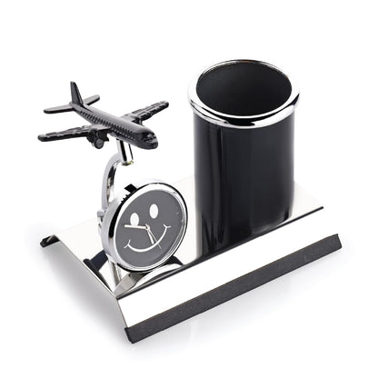 ZAHEPA Airplane Metal Pen Stand With Clock, Stylish Stationary Airplane Desk Clock with Pen Pencil Holder, Elegant Corporate & Aviation Gifts Set, Durable Decorative Showpiece For Office Desk