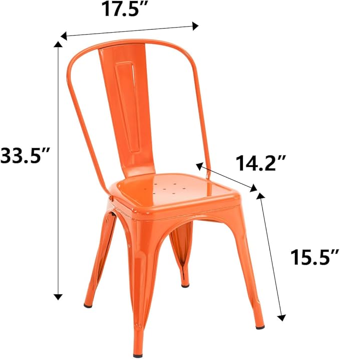 Nazhura Metal Dining Chair Farmhouse Tolix Style for Kitchen Dining Room Café Restaurant Bistro Patio, 18 Inch, Stackable, Waterproof Indoor/Outdoor (Sets of 4) (Orange, Steel Seat)
