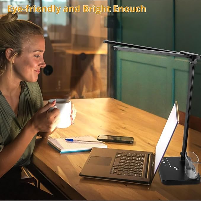 Woputne LED Desk Lamp with Dual Heads, 5 Color Modes & 10 Brightness Levels, Adjustable Reading Light for Home Office, Bedroom, Study, Craft (Black, Includes Adapter)