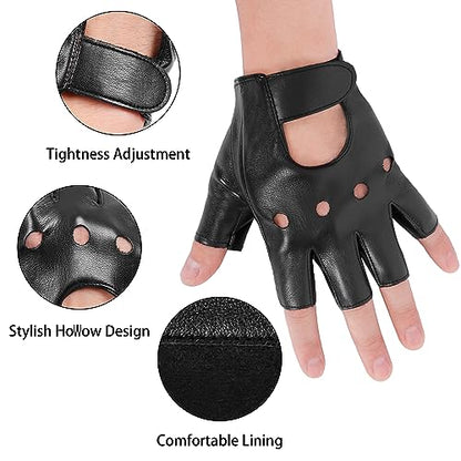 OurHonor Black Fingerless Gloves for Men Women, Halloween PU Leather Half Finger Glove Outdoor Driving Performance Costume Sport, Small (Style A)